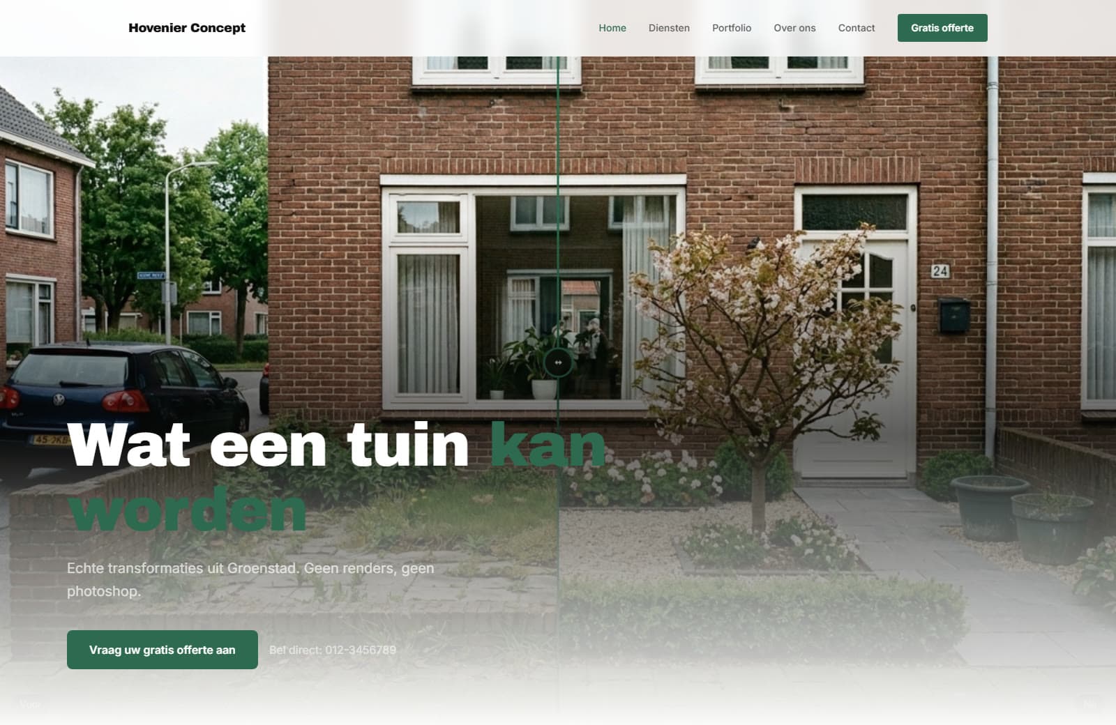 Conceptontwerp van een hoveniersite met een voor- en na-vergelijking van een tuin