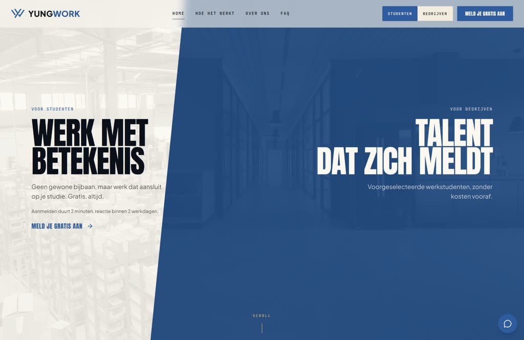 Homepage van de website voor YungWork op een laptop